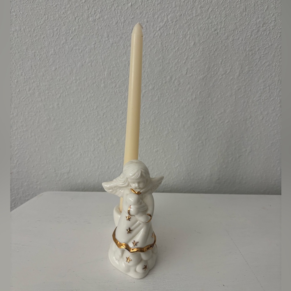 Vintage Angel Taper Candle Holder with Gold Stars holding Baby. 5”